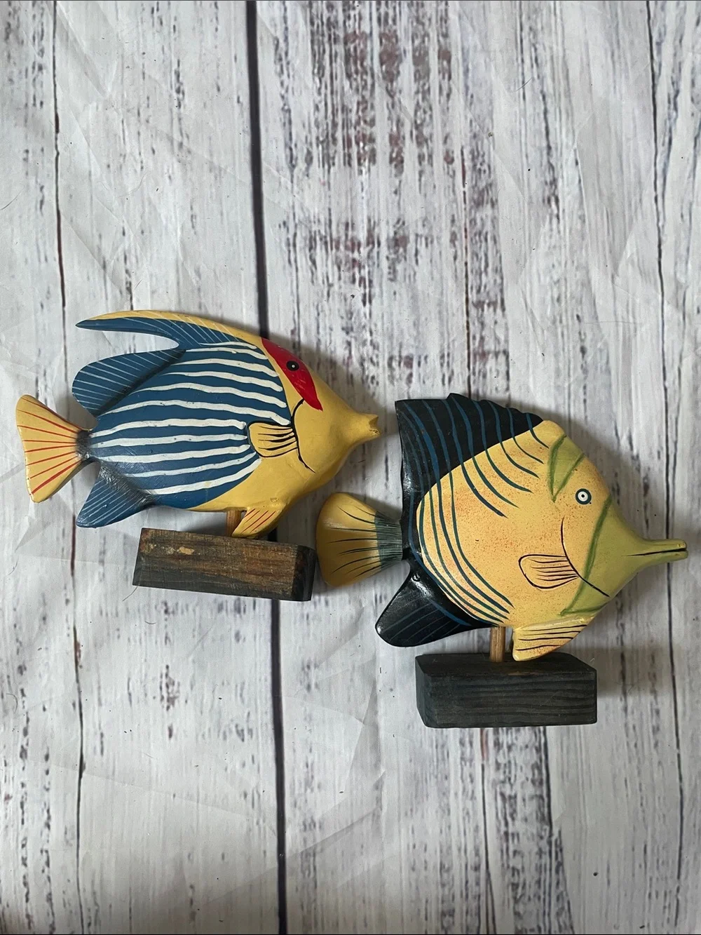 Hand-Painted Yellow & Blue Wooden Fish Figurine Pair - Nautical Accent